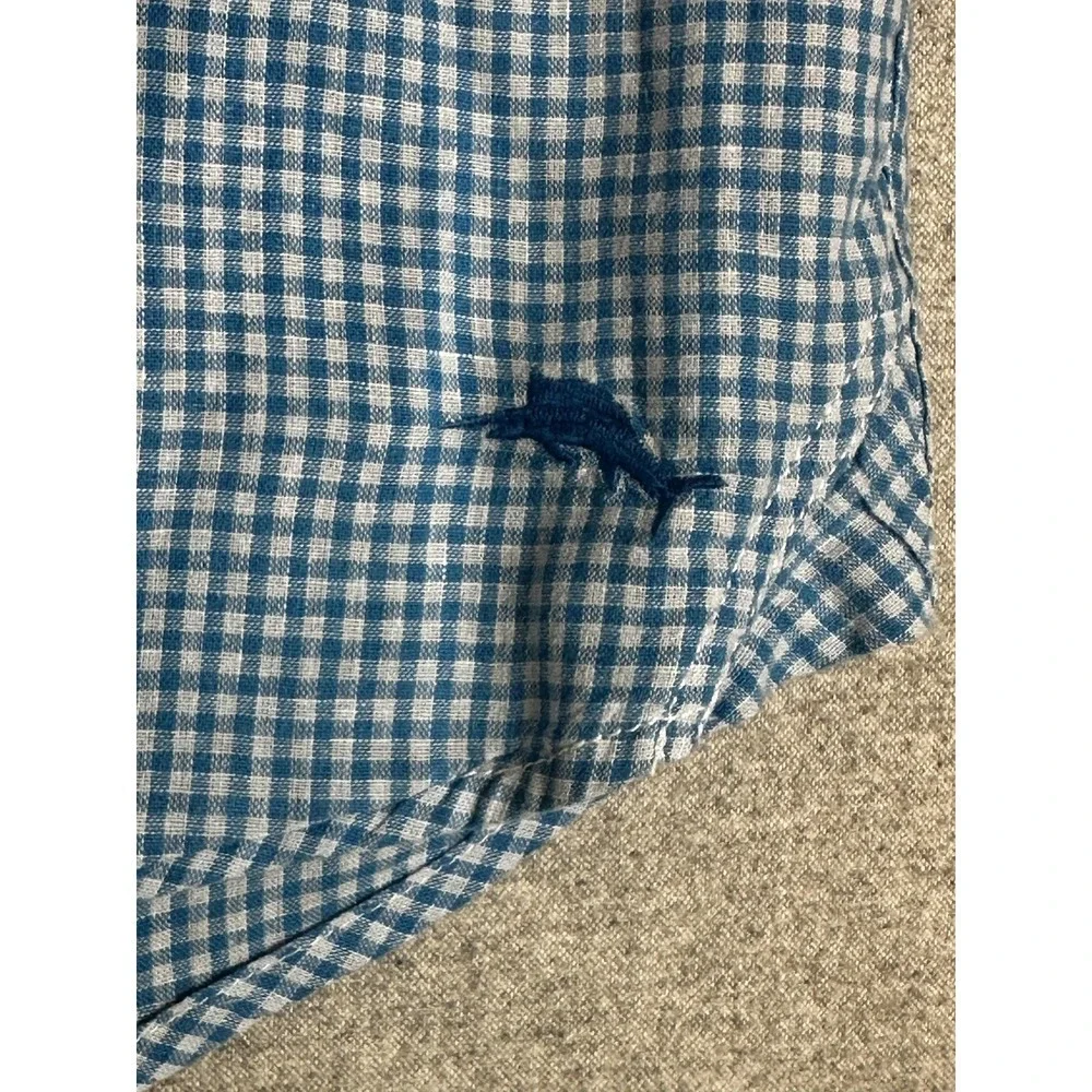 Tommy Bahama Shirt Mens Large Blue Gingham Linen Cotton Short Sleeve Button‎ Up